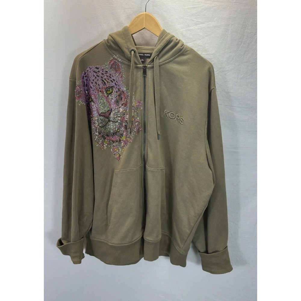 MICHAEL KORS olive green Zip-Up Hoodie XL Leopard sequin gem studded